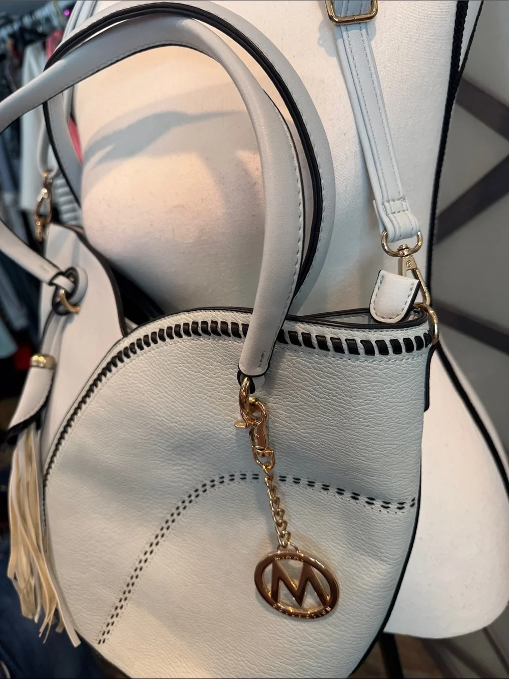 Light Blue Shoulder Bag with Tassel and Gold Charm and Matching Wallet